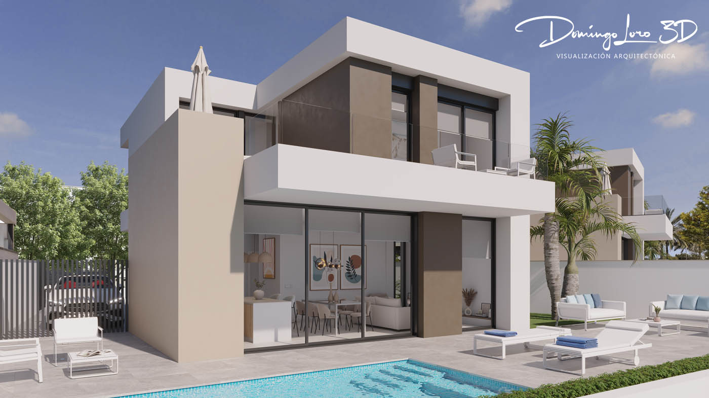 Render 3D de viviendas en un campo de golf