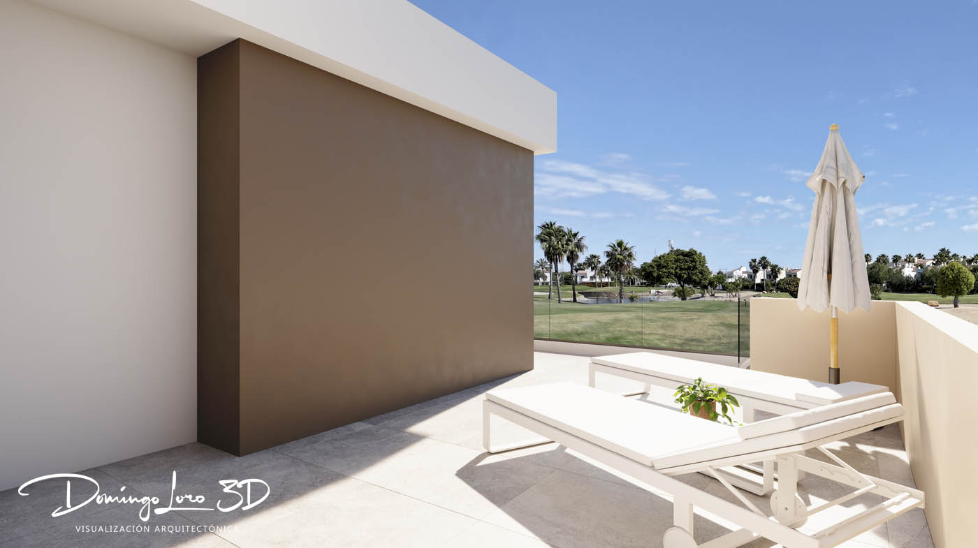 Render 3D de viviendas en un campo de golf