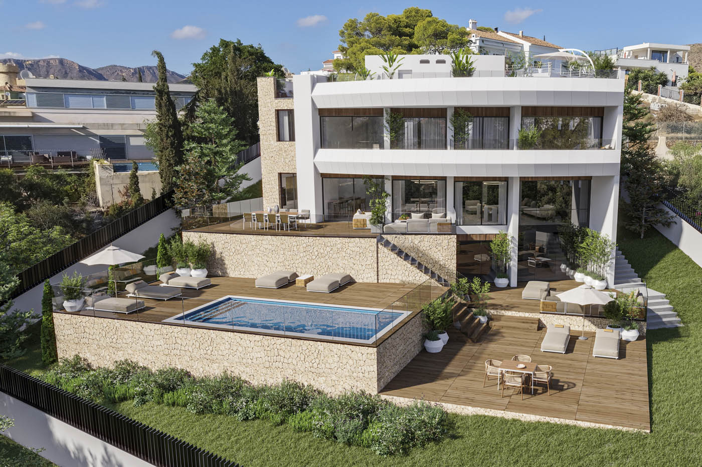 Renders 3D exteriores e interiores de una vivienda con estructura de hormigón existente