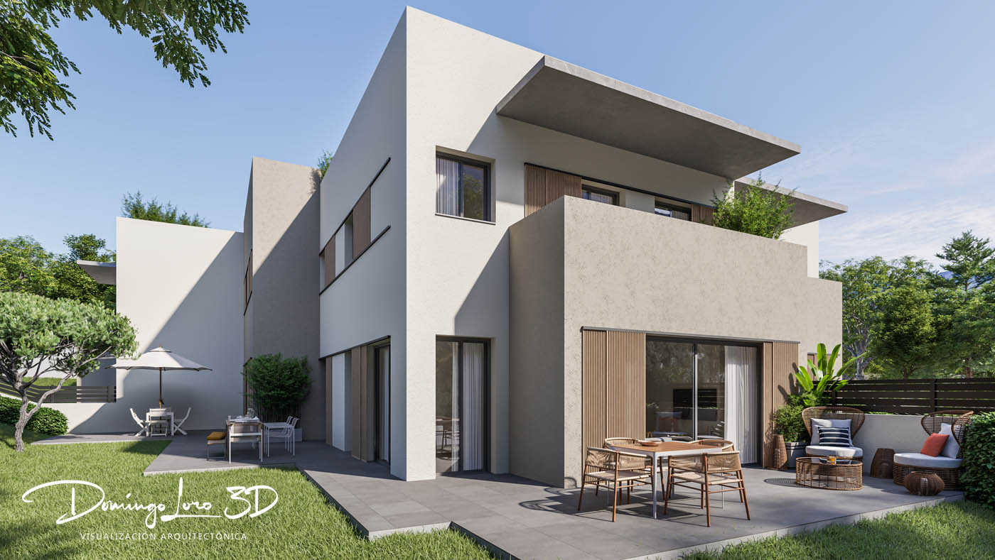 Render 3D urbanización residencial
