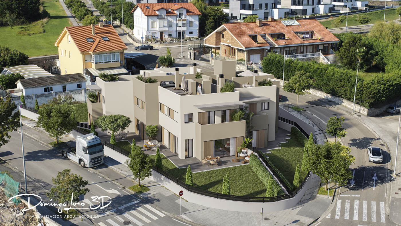 Render 3D urbanización residencial