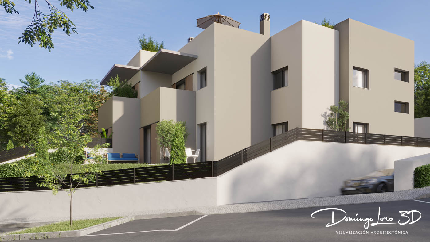 Render 3D urbanización residencial