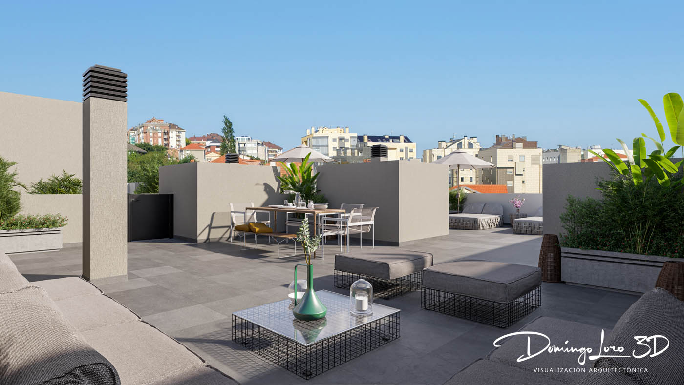Render 3D urbanización residencial