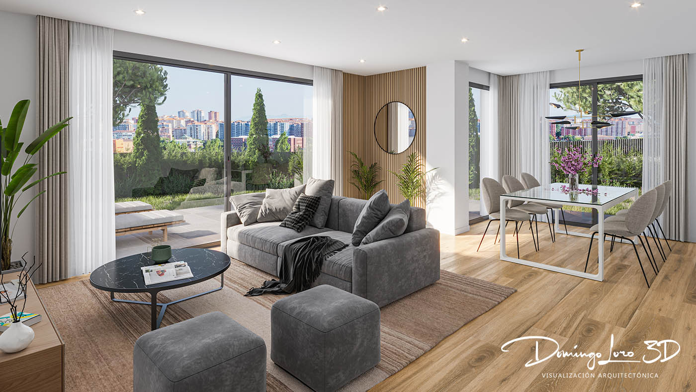 Render 3D urbanización residencial
