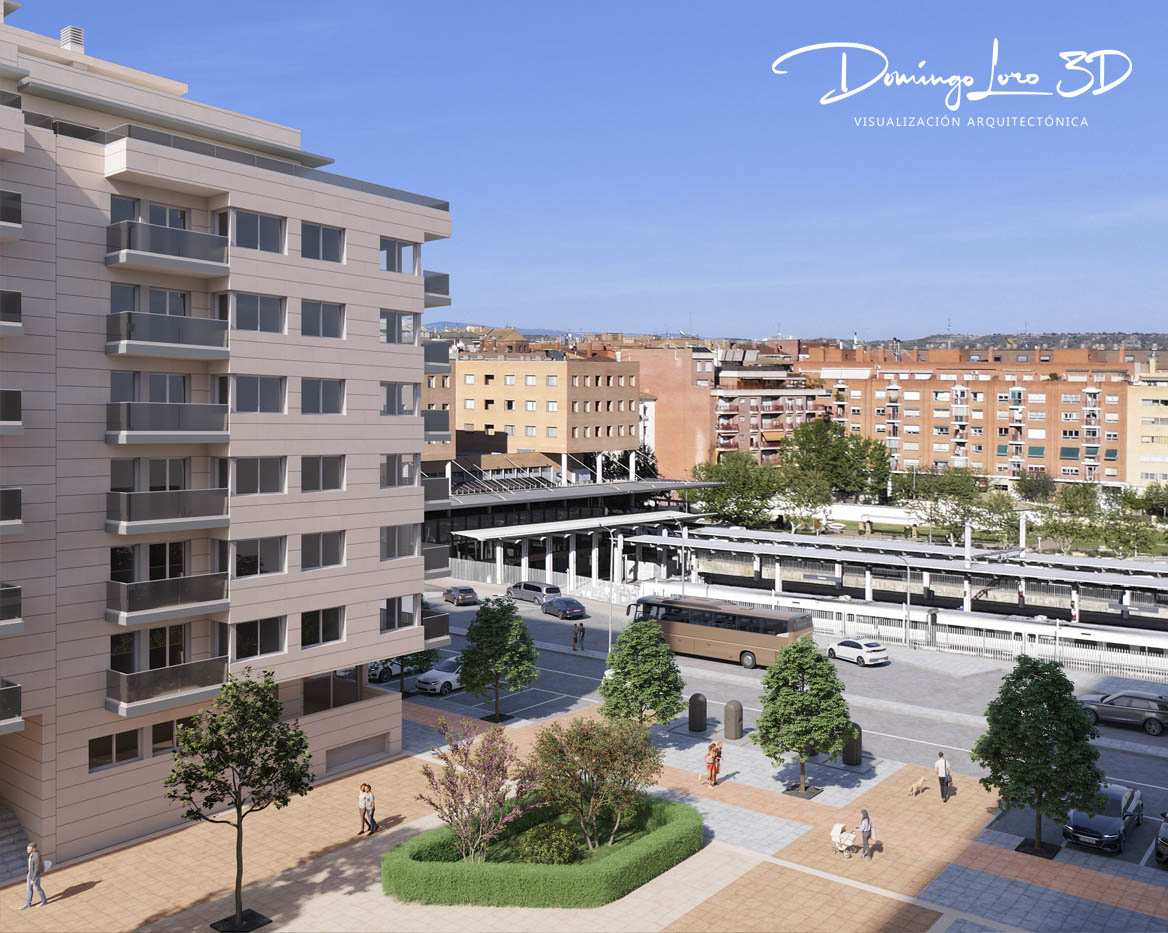 Render 3D de un edificio residencial