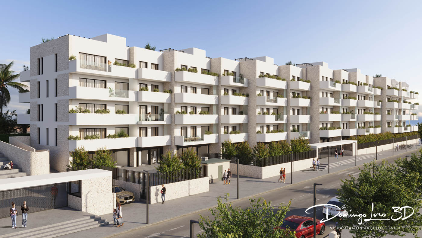 Render 3D urbanización residencial