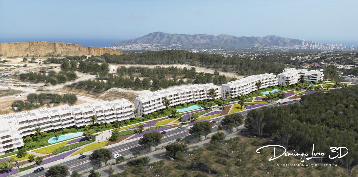 Render 3D urbanización residencial