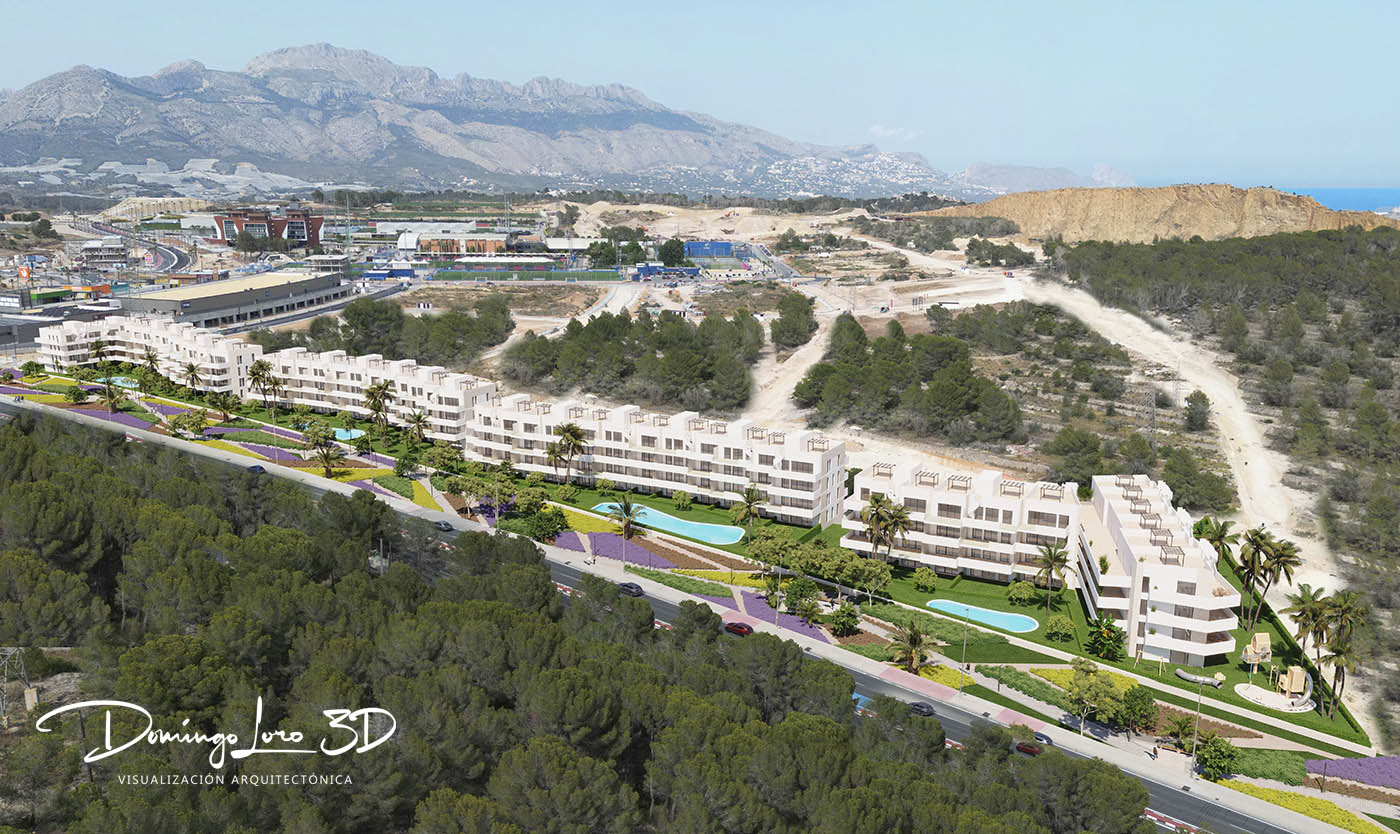 Render 3D urbanización residencial