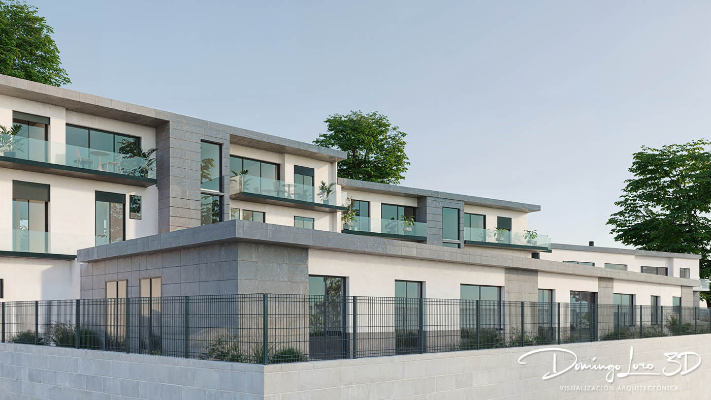 Render 3D de una urbanización residencial
