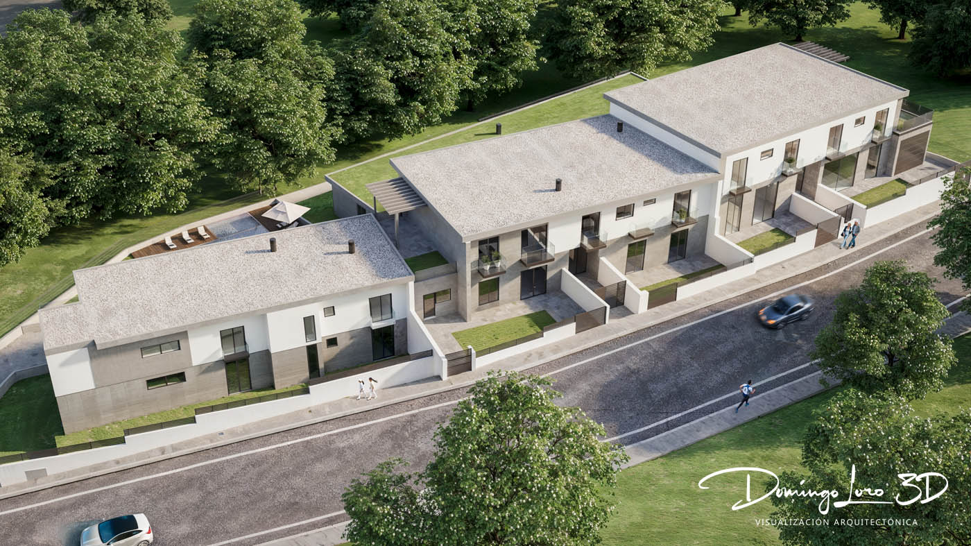 Render 3D de una urbanización residencial
