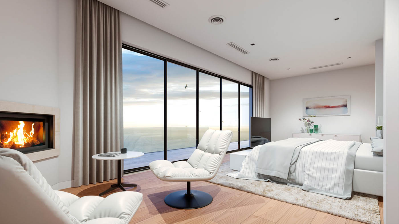 Render 3D de un dormitorio en una vivienda de lujo en Gibraltar