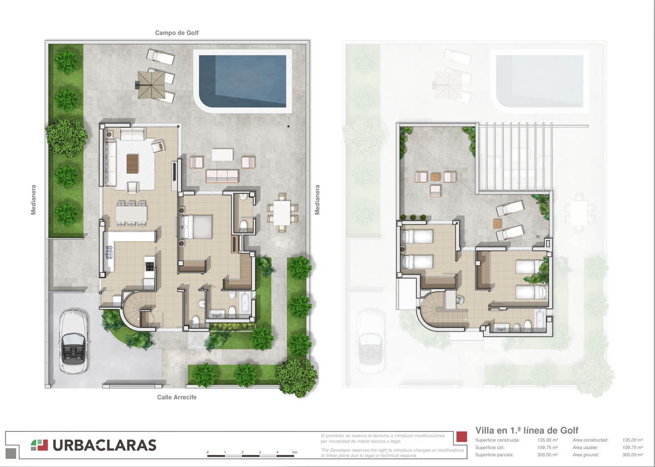 Planos comerciales 2D a color de una vivienda unifamiliar con parcela independiente