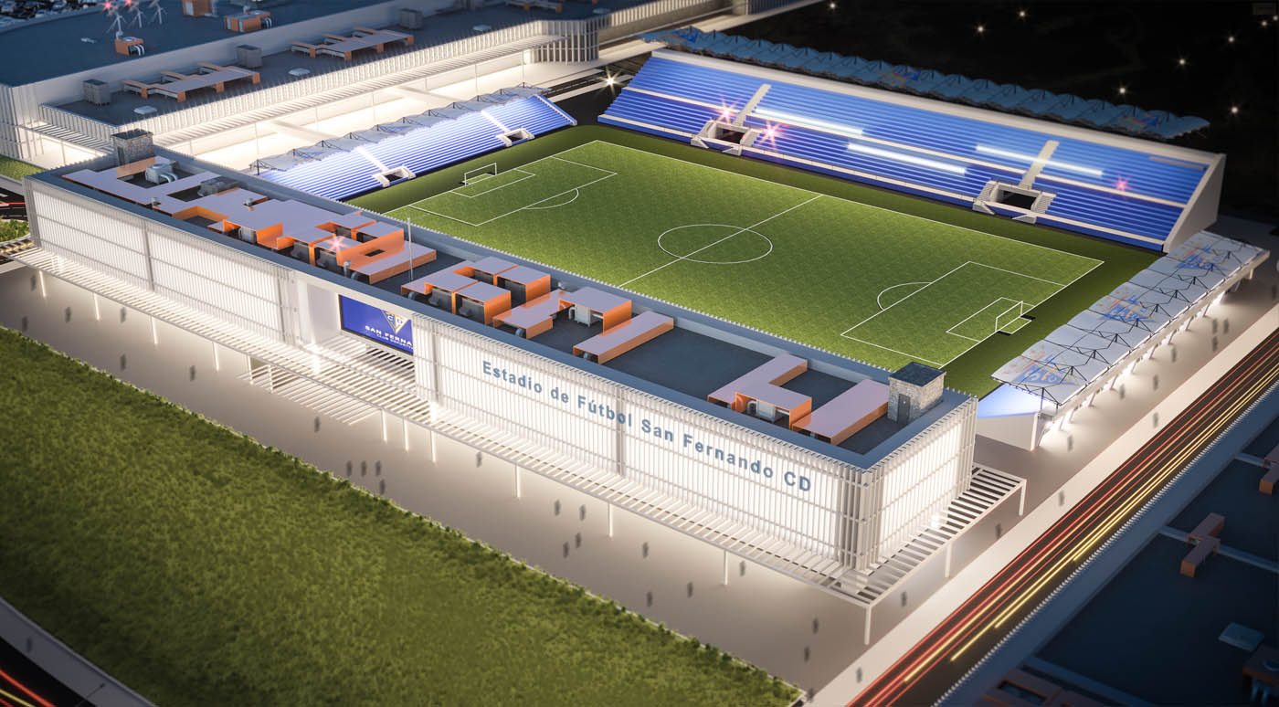 Render 3D del campo de fútbol del San Fernando Club Deportivo