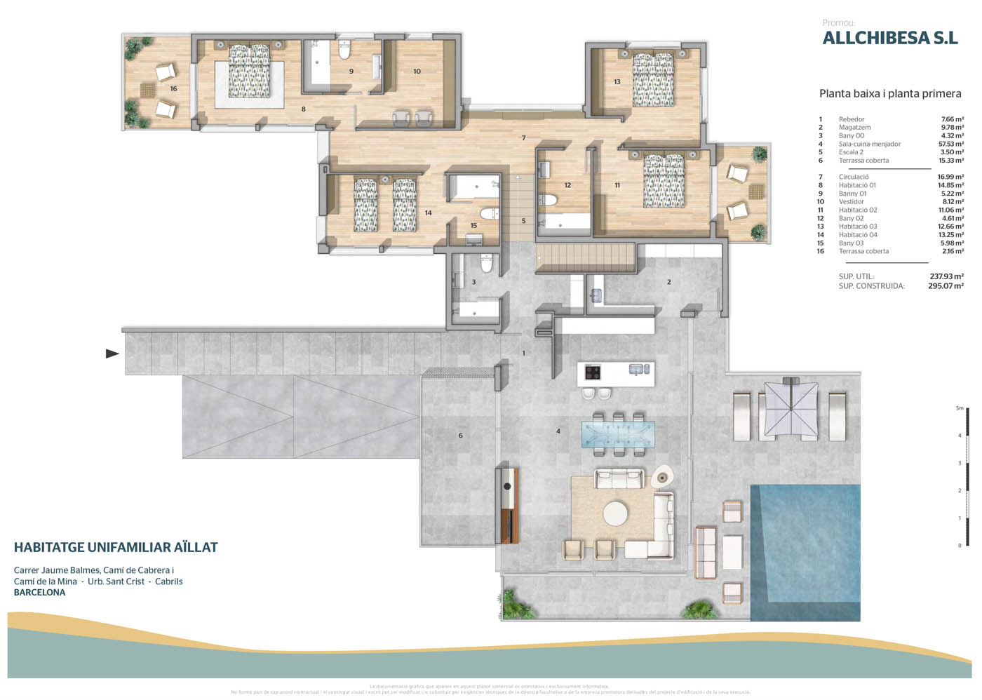 Planos comerciales 2D a color de una vivienda unifamiliar con parcela independiente en Cabrils, Barcelona