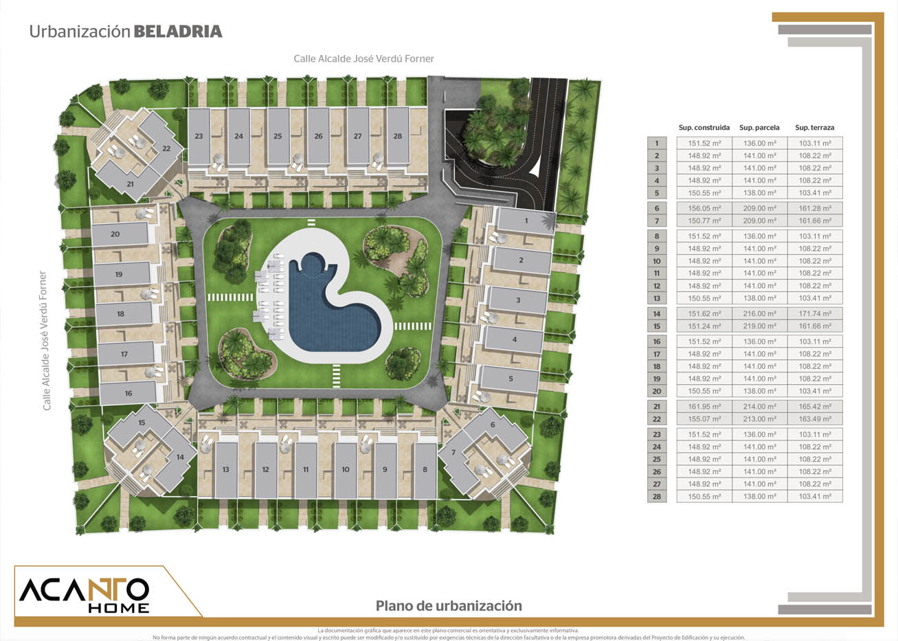 Planos comerciales 2D a color de una urbanización residencial de viviendas adosadas