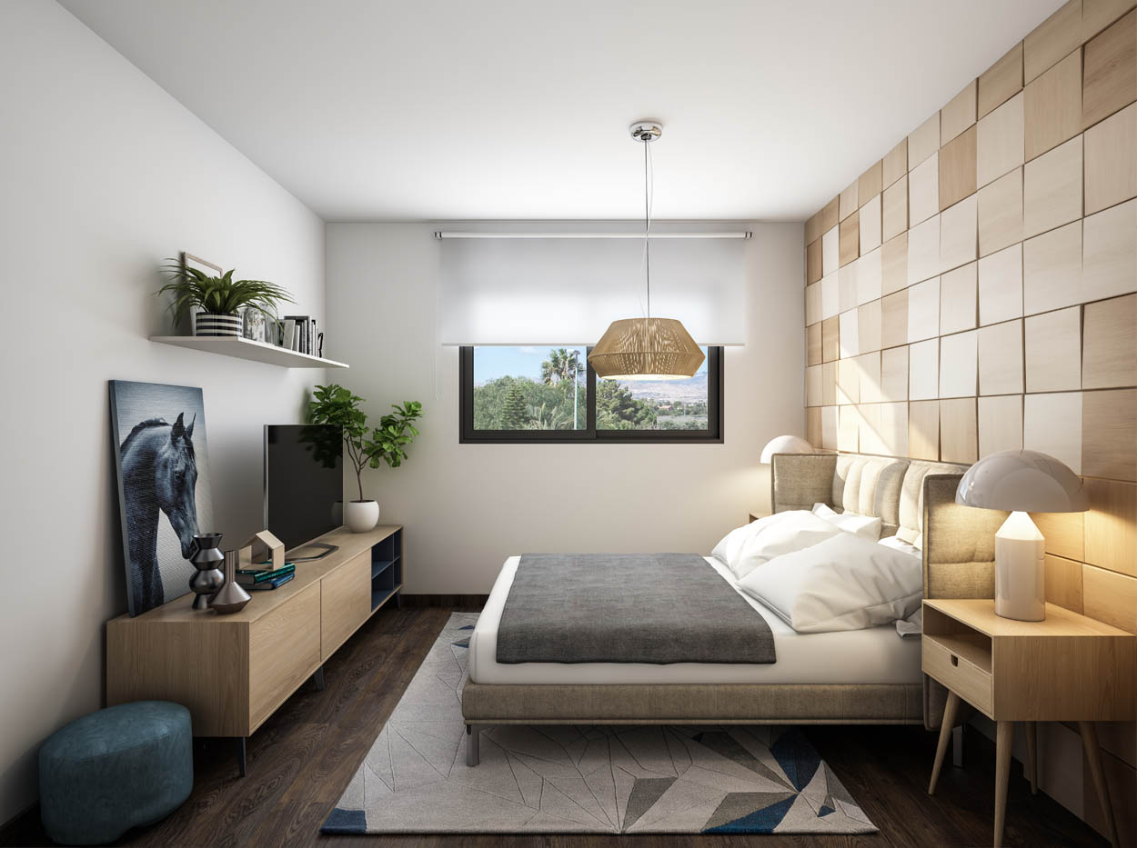 Infografía 3D - Vista interior del dormitorio de una vivienda en Mutxamiel