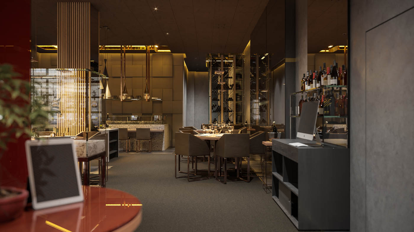 Render 3D de la sala de un restaurane Japonés en Bilbao