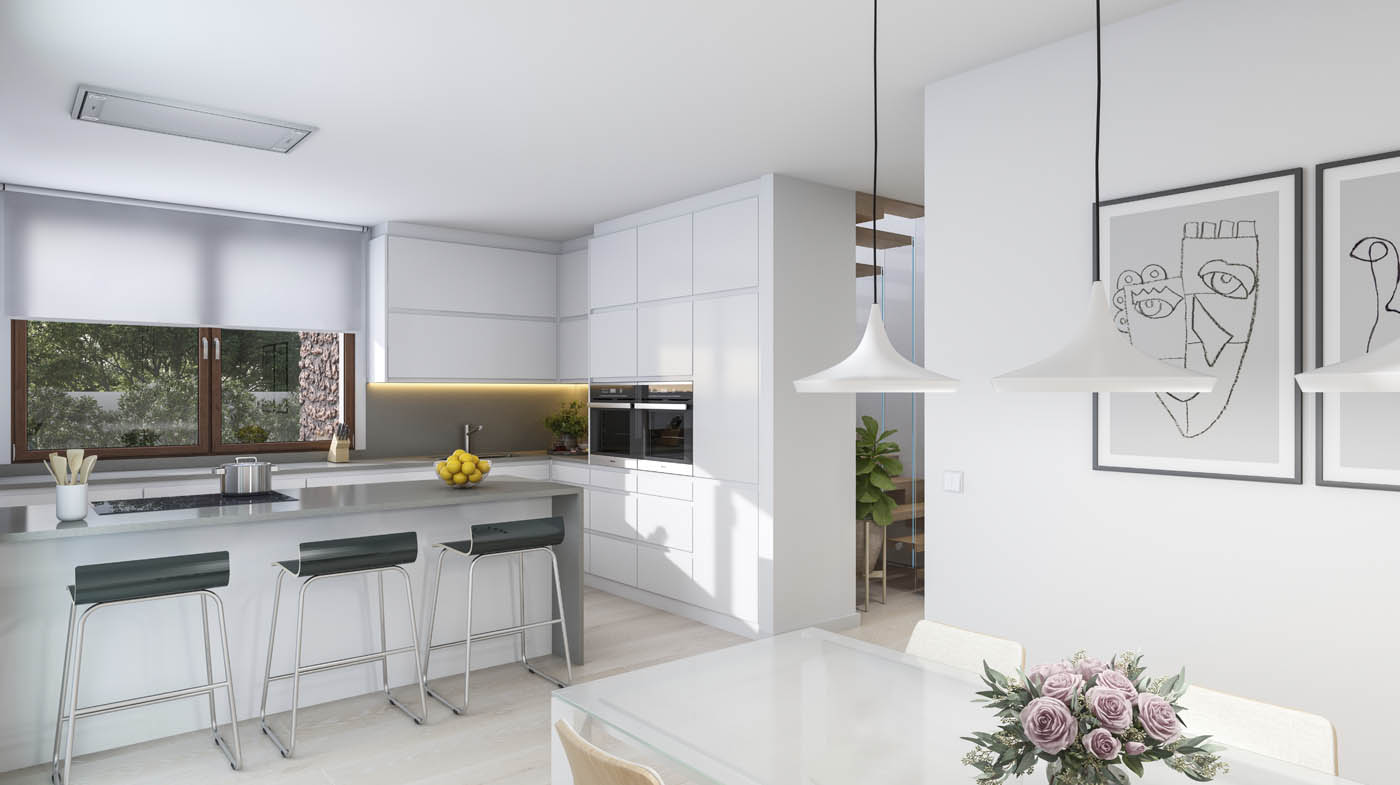 Infografía 3D - Vista interior de la cocina de una vivienda en Teulada