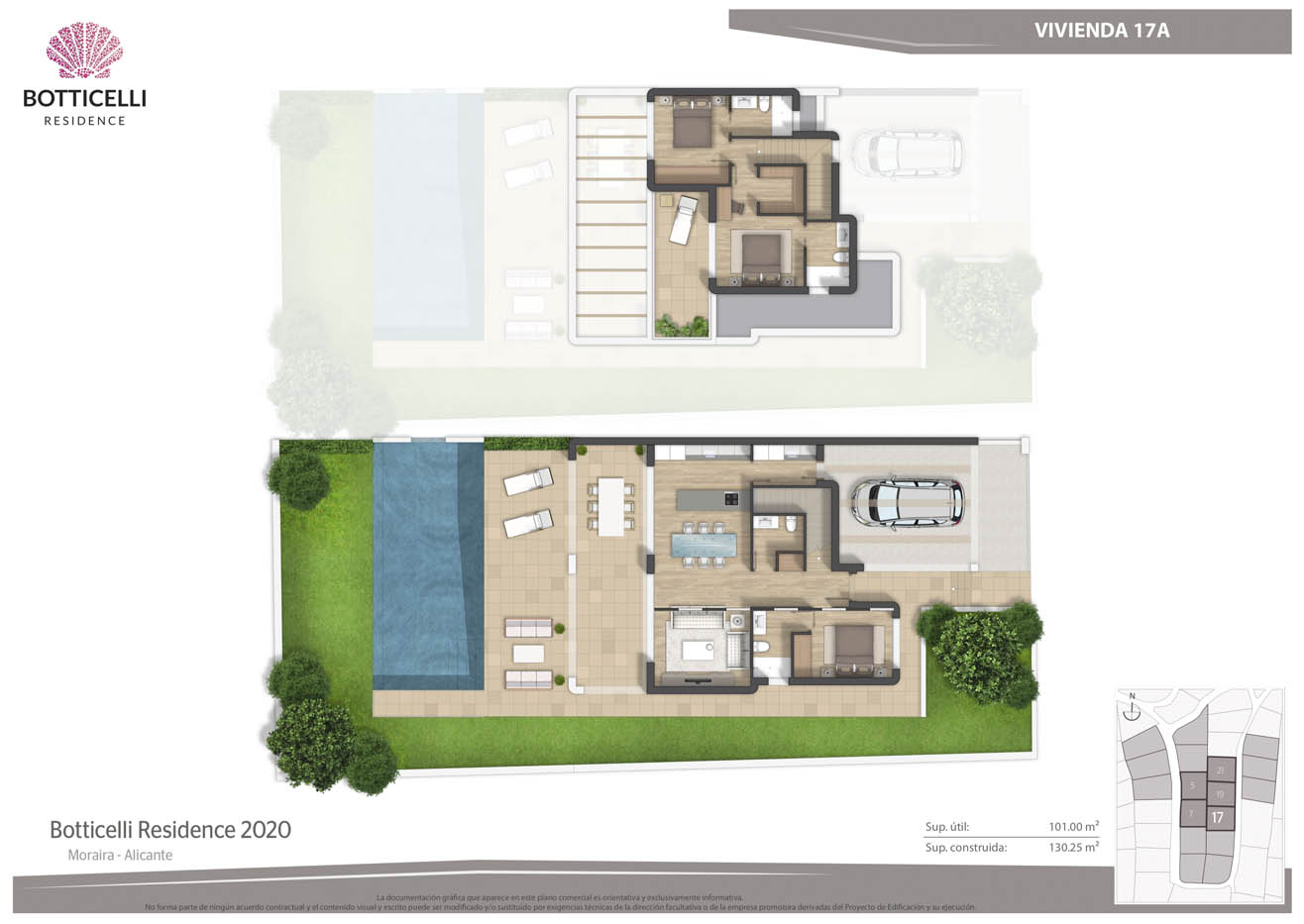 Planos comerciales 2D a color de una urbanización residencial de viviendas adosadas