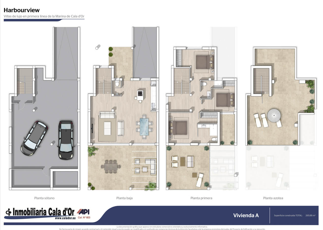 Planos comerciales 2D a color de una vivienda unifamiliar con parcela independiente