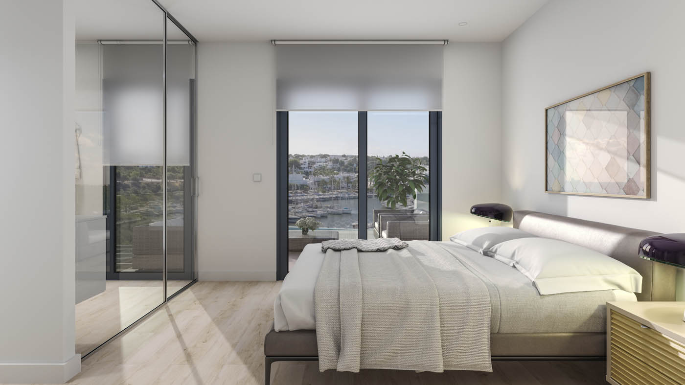Infografía 3D - Vista interior del dormitorio de una vivienda para una promoción inmobiliaria