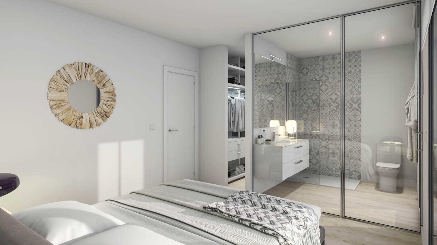 Infografía 3D - Vista interior del baño de una vivienda para una promoción inmobiliaria