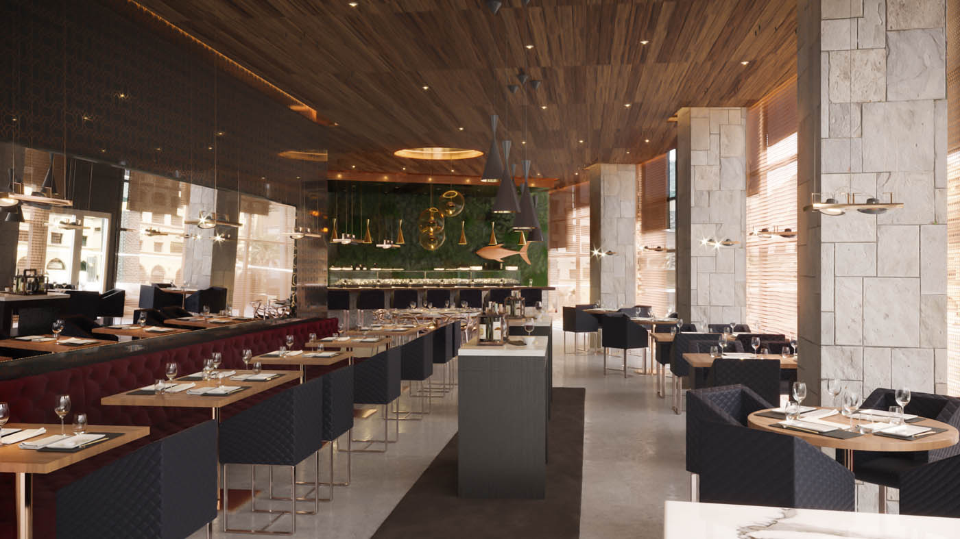 Render 3D del interior de un restaurante en Dubai