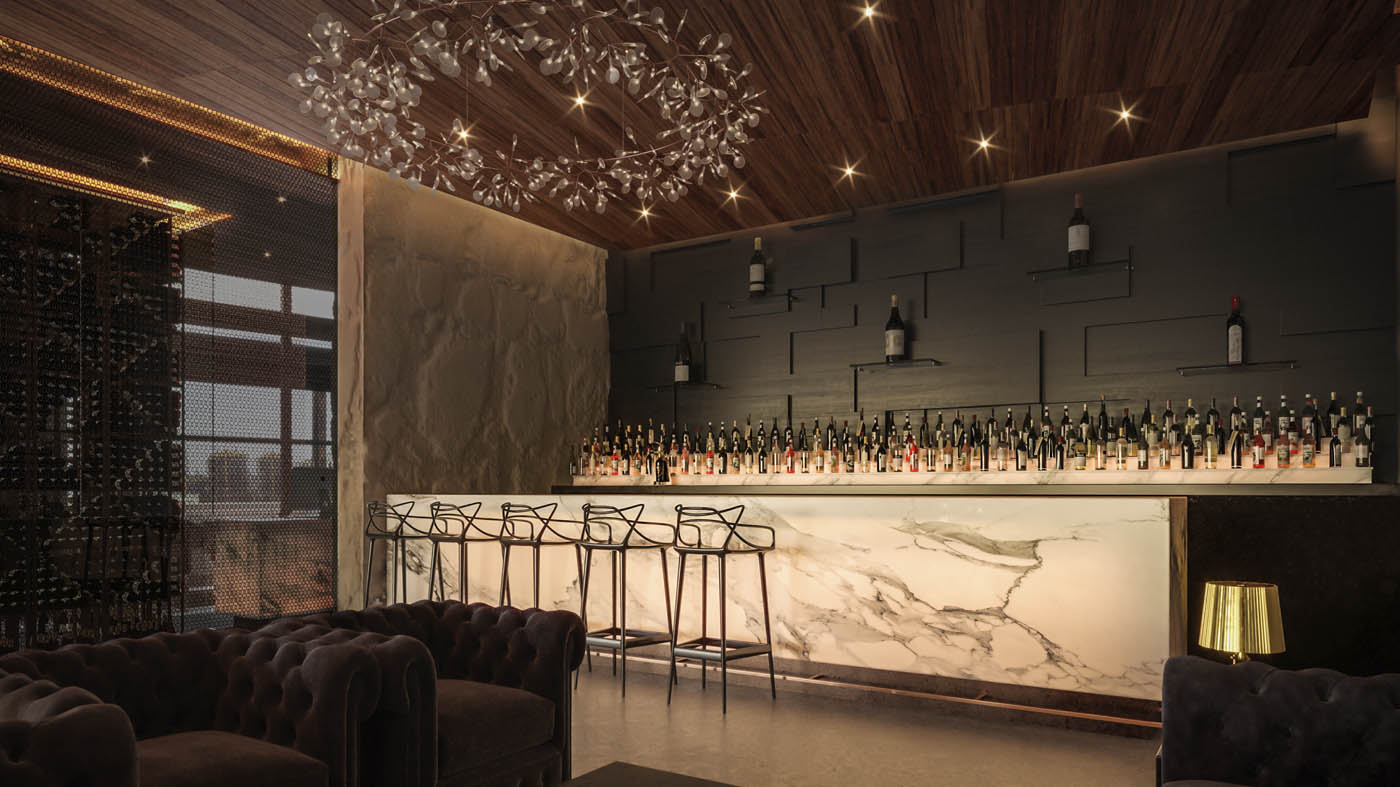 Render 3D del lounge bar de un restaurane Japonés en Dubai