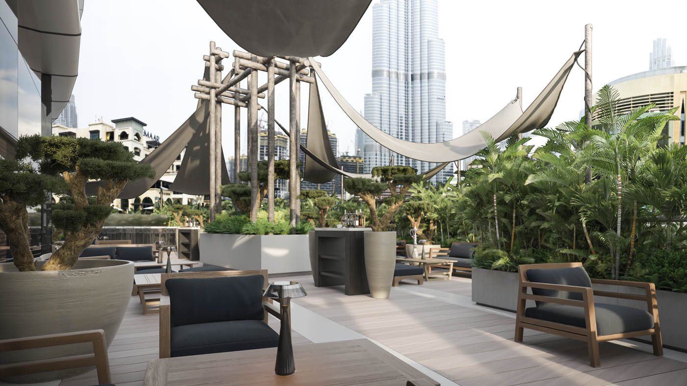 Render 3D de la terraza de un restaurante en Dubai