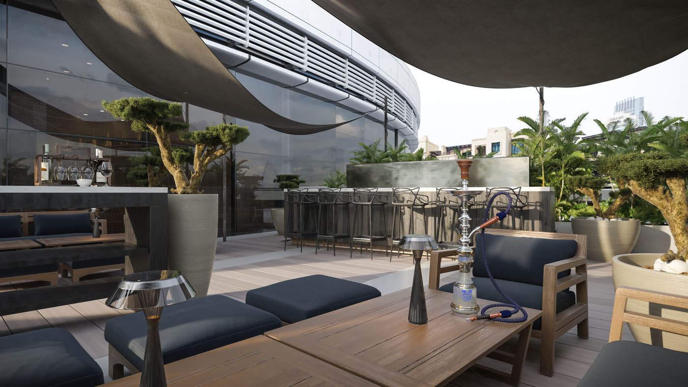 Render 3D de la terraza de un restaurane Japonés en Dubai