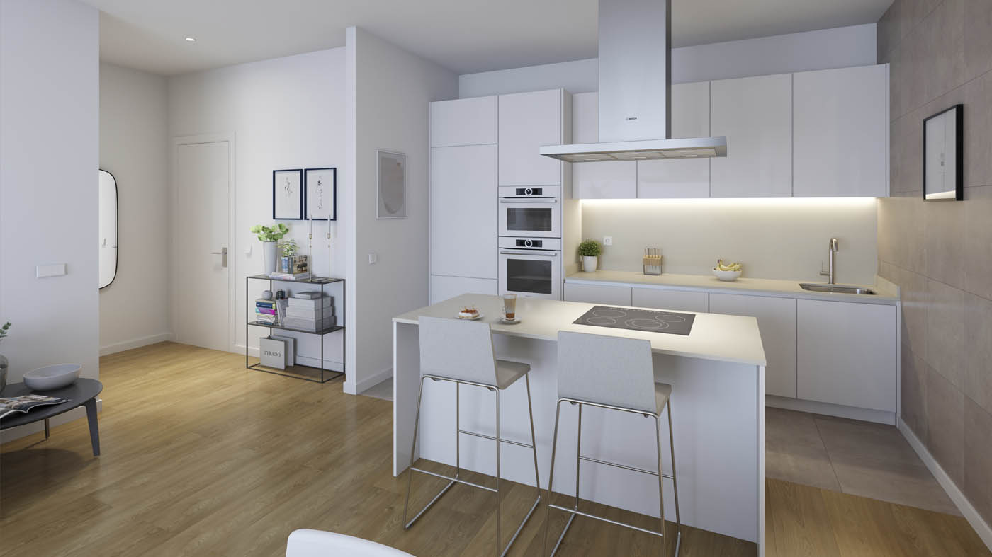 Infografía 3D - Vista interior de la cocina de una vivienda de una promoción inmobiliaria