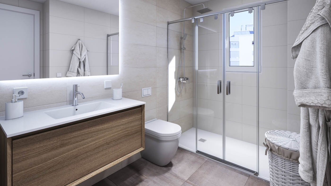 Infografía 3D - Vista interior del baño de una vivienda para una promoción inmobiliaria