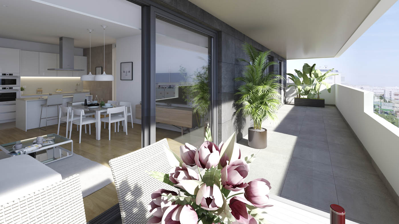 Render 3D de la terraza de una vivienda