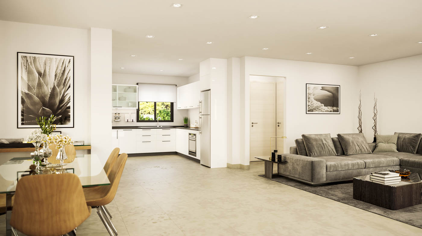 Infografía 3D - Vista interior de un salón - comedor - cocina de una promoción inmobiliaria