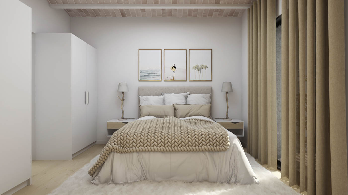 Render 3D del dormitorio de un apartamento en Barcelona