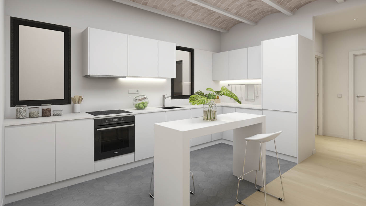 Render 3D de la cocina de un apartamento en Barcelona