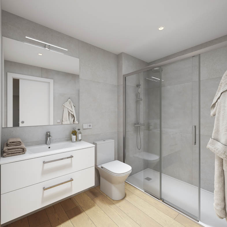 Render 3D del cuarto de baño de una vivienda
