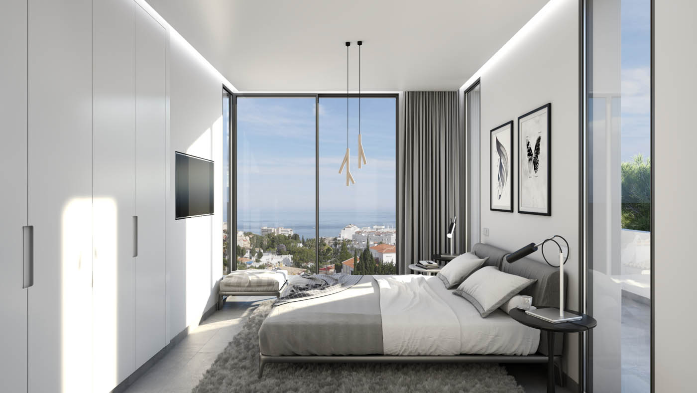 Render 3D de un dormitorio con fantásticas vistas al mar