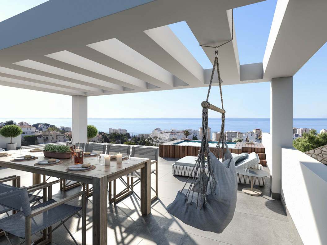 Render 3D de una terraza con fantásticas vistas al mar