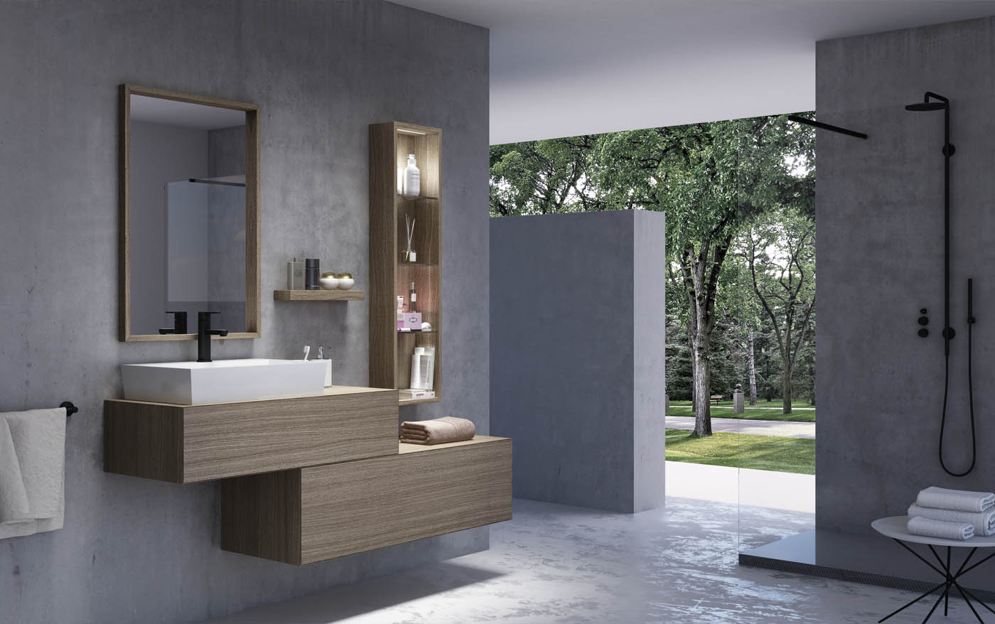 Mueble de baño 3D, render realizado con infografía 3D para la representación de una escena para un catálogo