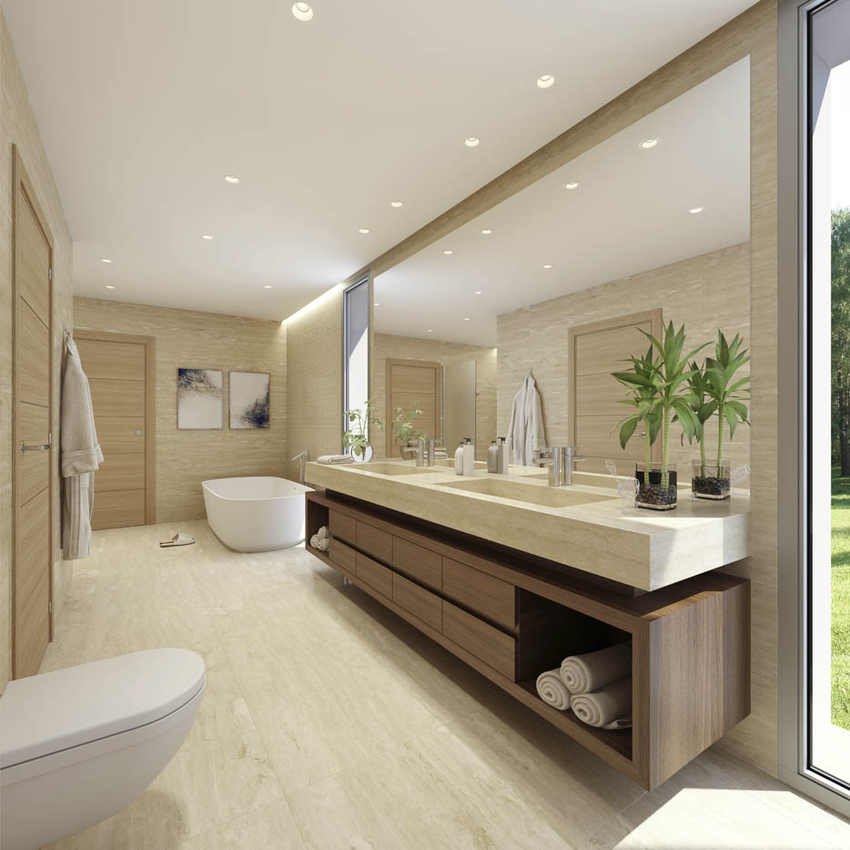 Render 3D del cuarto de baño de una vivienda de lujo