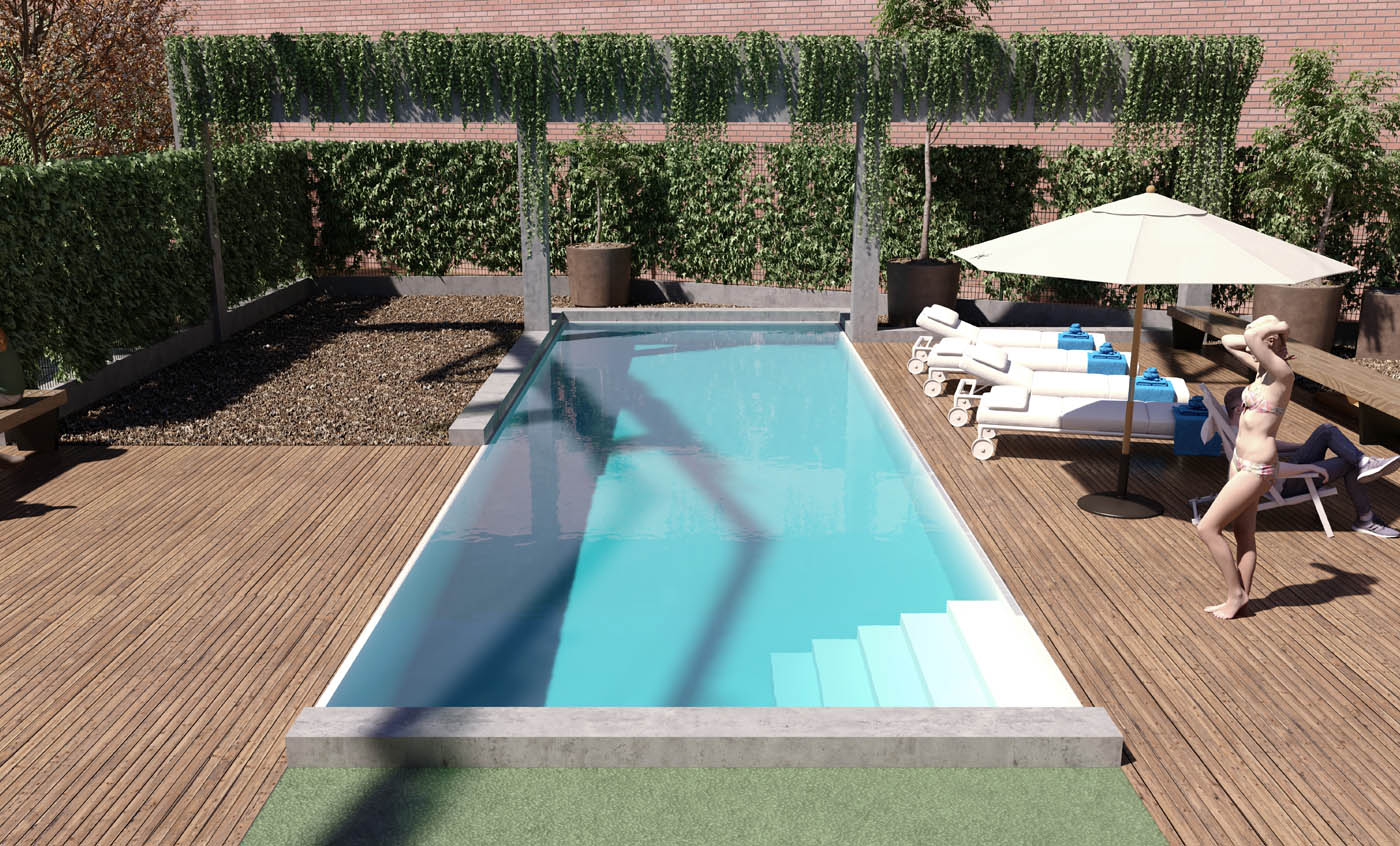 Render 3D de una piscina comunitaria