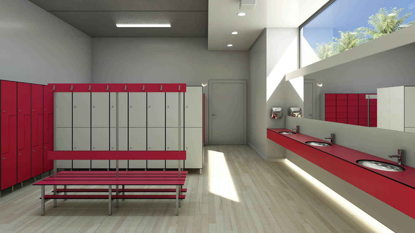 Render 3D de un ambiente decorativo para la comercialización de taquillas y bancos