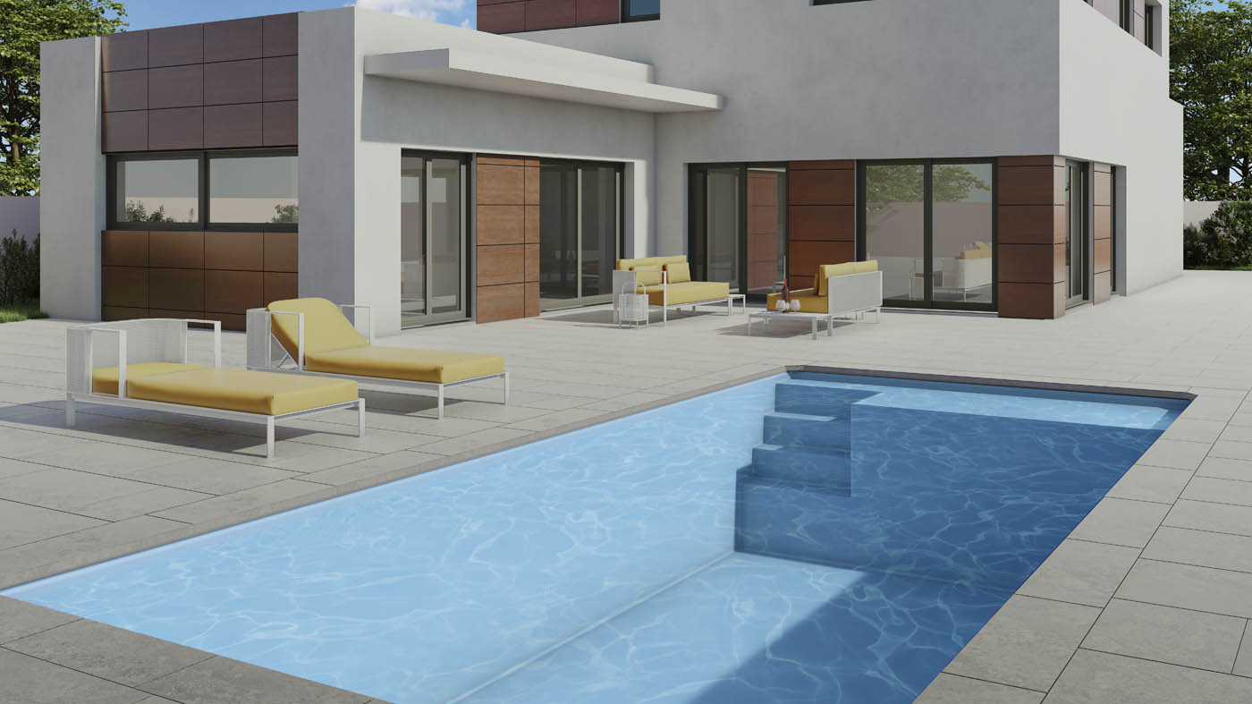 Render 3D de un modelo de piscina prefabricada