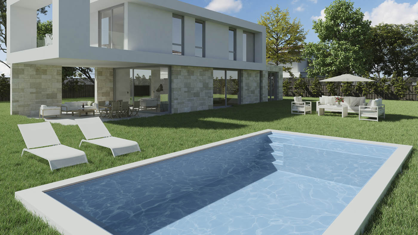 Render 3D de un modelo de piscina prefabricada