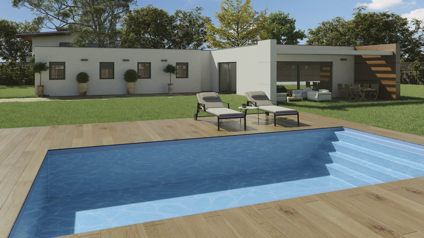 Render 3D de un modelo de piscina prefabricada