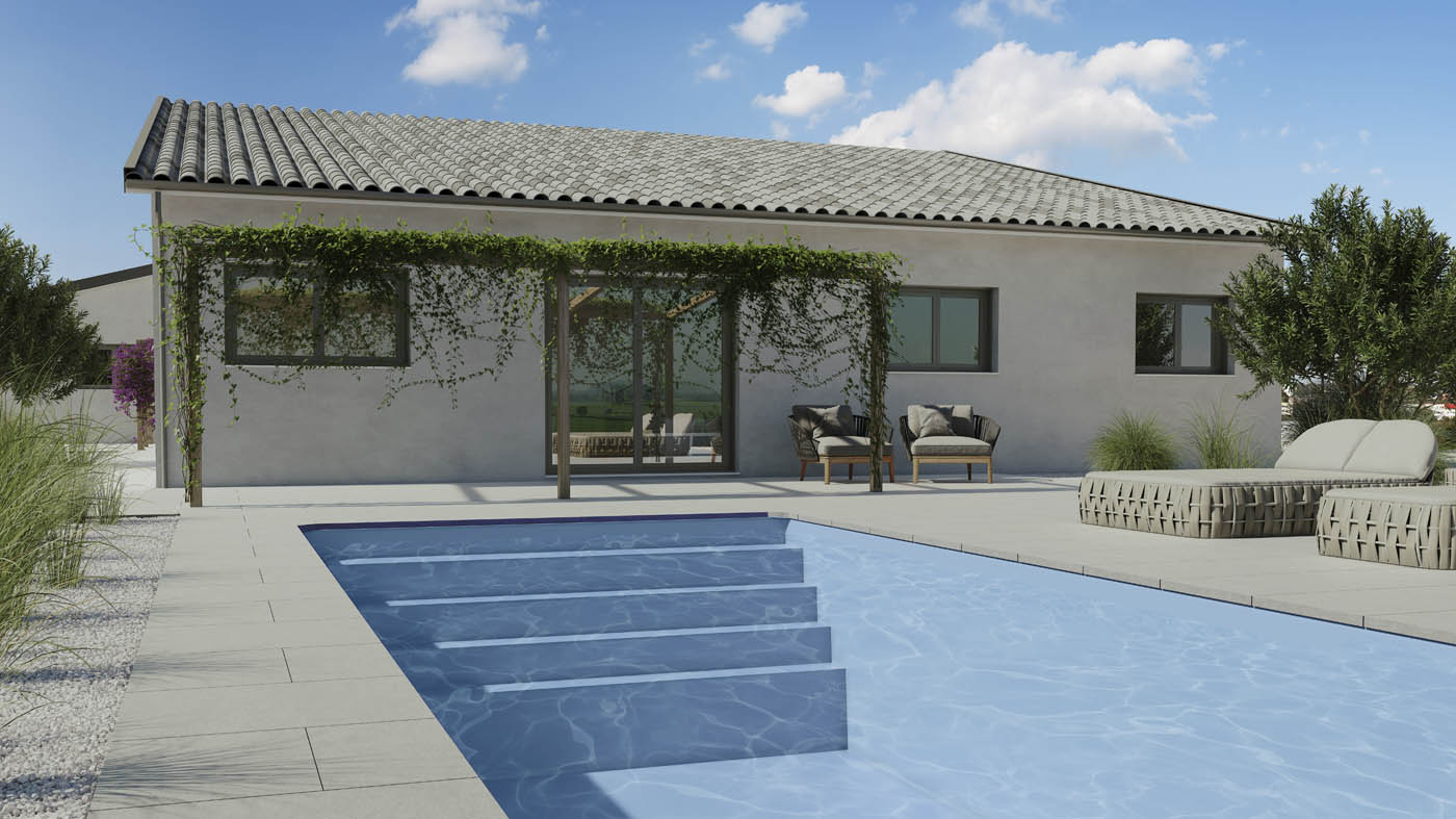 Render 3D de un modelo de piscina prefabricada