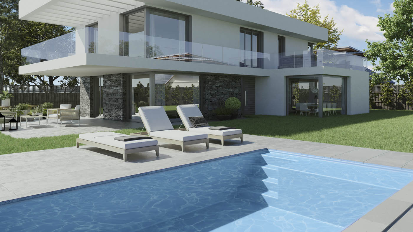 Render 3D de un modelo de piscina prefabricada