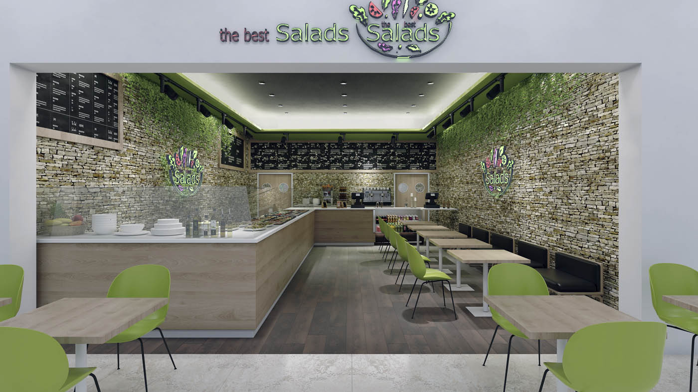 Render 3D del interior de un restaurante