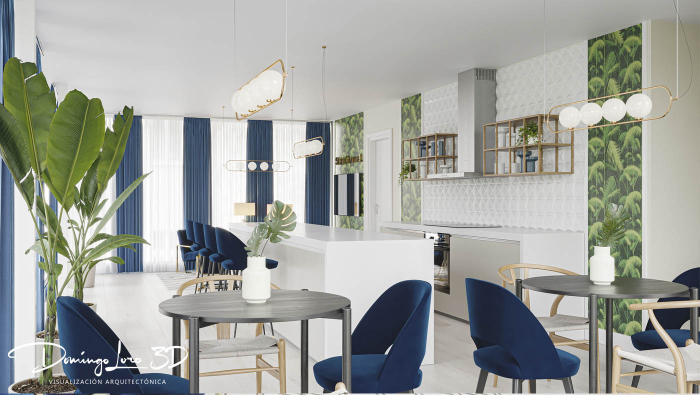 Render 3D de las zonas comunes de un edificio residencial